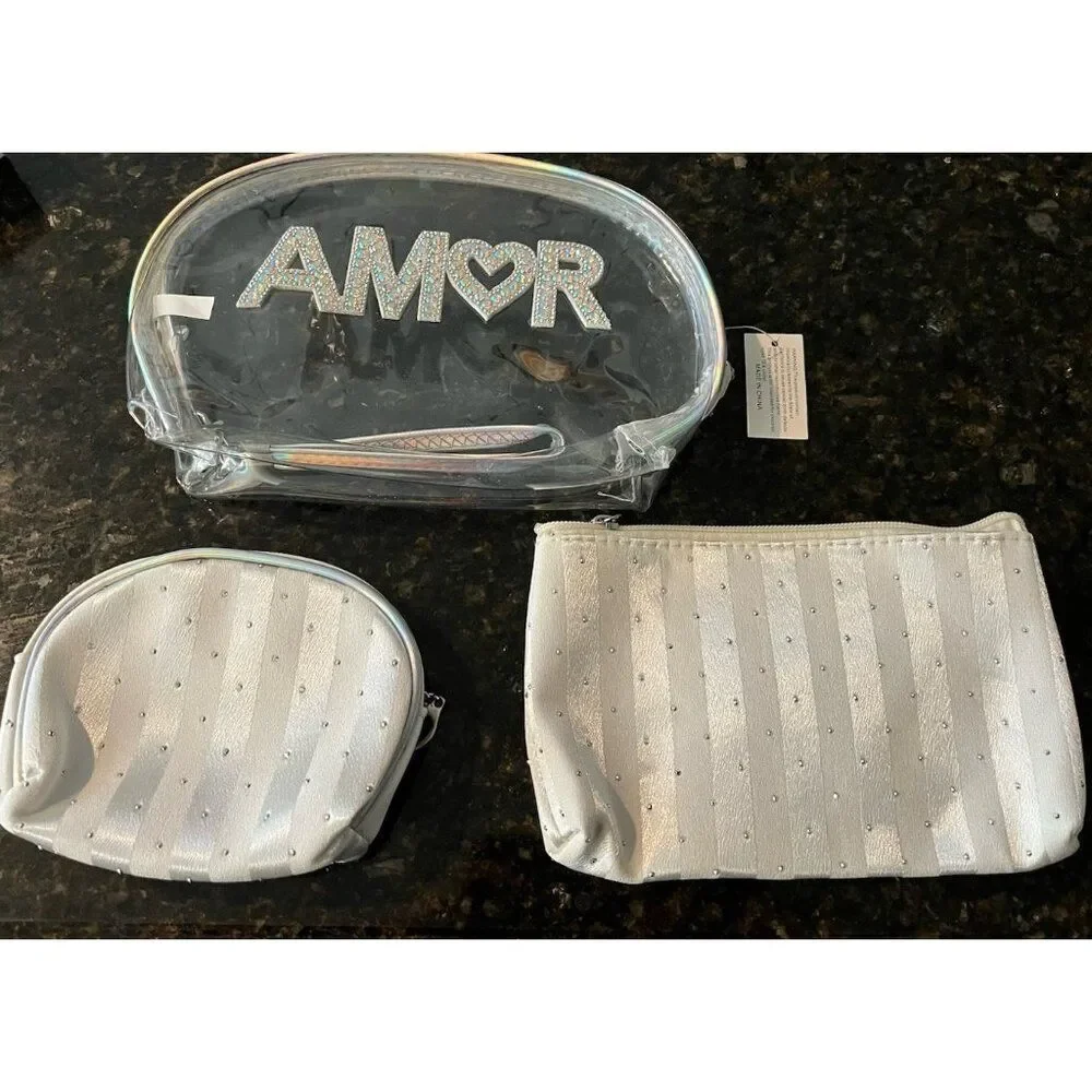AMOR Bling Clear Cosmetic Travel Bag Wristlet Concert Makeup Case Set of 3 NWT